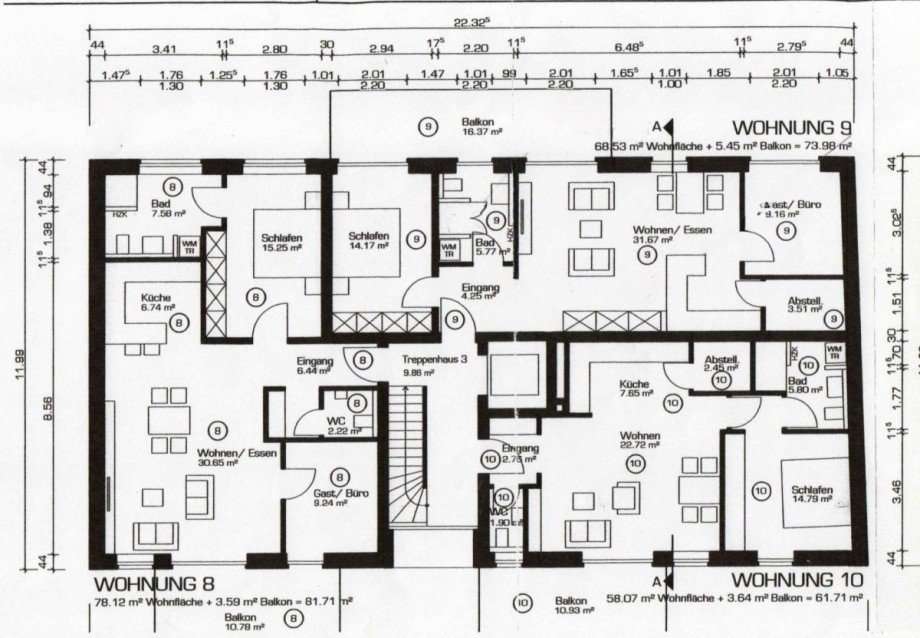 Geschosszeichnung mit Whg. 9 Etagenwohnung 